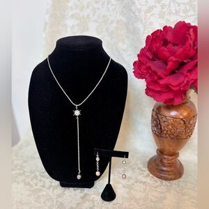 Chelsea NYC Silver Rhinestone Starburst and Freshwater Black Pearl Necklace Set